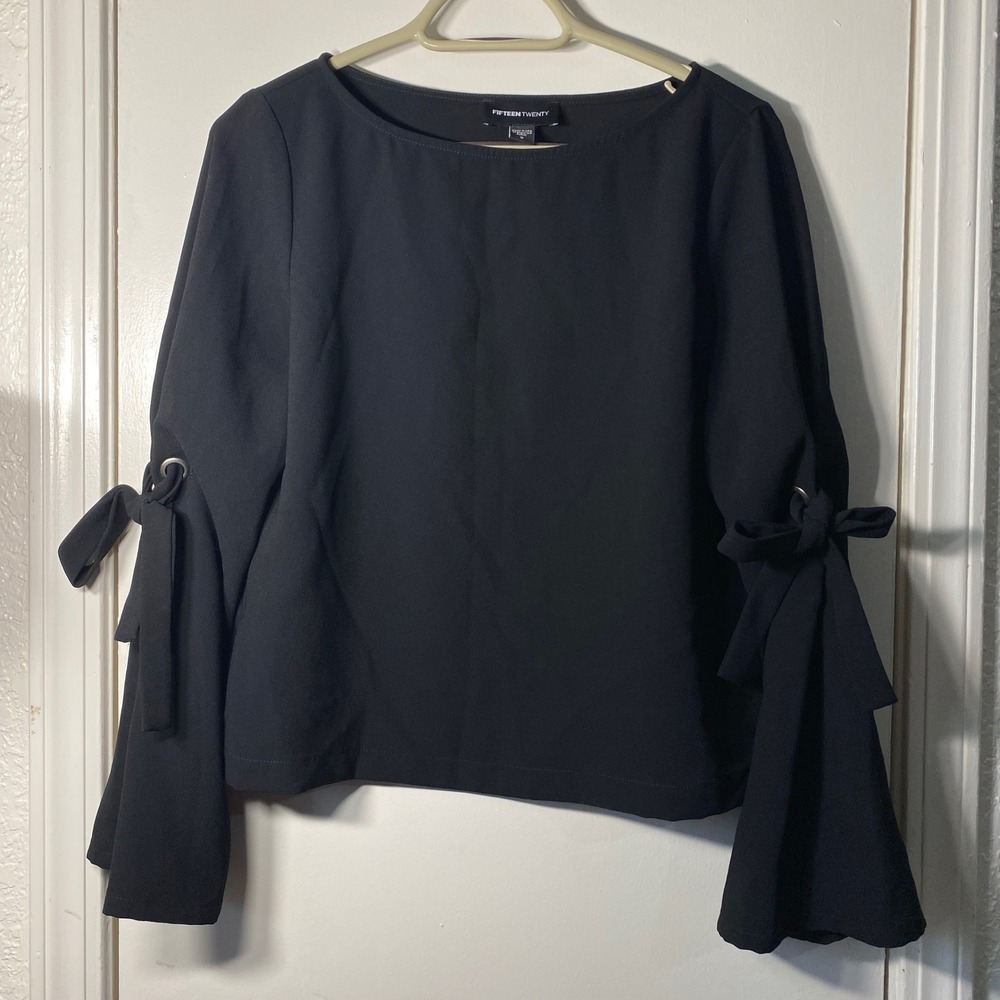 Fifteen Twenty Womens Georgette Black Tie Bell Sleeve Grommet Blouse Top Size S